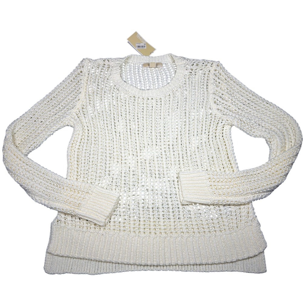Michael Kors Open Knit Sweater Womens Medium Cream Off White Mesh Pullover NWT